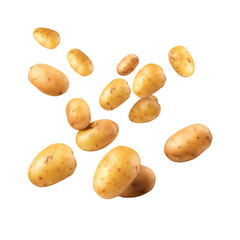 Falling fresh potatoes isolated on white or transparent background