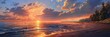 Panoramic sunset on a secluded beach - An expansive sunset panorama with golden lights casting over an untouched beach and forest lining