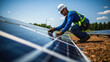 © MP Studio - Technician wearing a safety helmet and high-visibility vest is installing or maintaining solar panels, with a clear blue sky in the background.