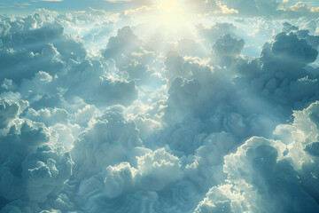 Wall Mural - Fantastic background with clouds and sunlight on blue sky. Divine sky. Heaven, god light