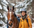 Winter Equestrian: Confident Indian Woman with Dutch Warmblood Horse in Snowy Forest generative ai
