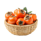Fototapeta Las - Vibrant Harvest: A Beautiful Display of Fuyu Persimmons Nestled in a Rustic Straw Basket, Evoking the Essence of Winter's Bounty - PNG Cutout Isolated on a Transparent Backdrop