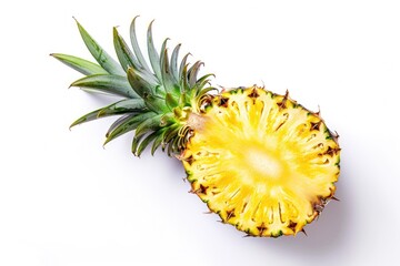 Wall Mural - Top View of Fresh Pineapple. Juicy and Ripe Pineapple Fruit Isolated on White Background. Whole, Half and Cut Pieces