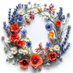 Wall Mural - Spring flowers circle isolated on white background, Wildflowers wreath with empty space