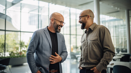 Wall Mural - Smiling men in business casual attire with glasses are engaged in a friendly conversation in a modern office setting