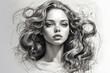 Artistic grayscale illustration of a young woman with detailed hair in motion