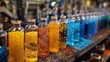 Row of Bottles Filled With Different Colored Liquids