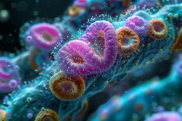 Poster - An electron microscope capturing the intricate details of a microorganism, revealing the hidden world of microscopic life. Concept of exploring the microcosmos. Generative Ai.