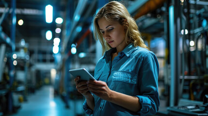 Wall Mural - Woman in a blue work uniform is focused on a tablet she is holding, standing in an industrial setting with machinery and bright lights in the background.