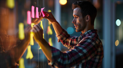 Sticker - Person in a plaid shirt writing on sticky notes during a brainstorming session.