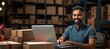 Craftsman of Innovation: Smiling Indian Man in Vibrant Cargopunk Workspace generative ai