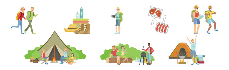 Sticker - People Character Hiking and Trekking Have Outdoor Adventure Vector Set