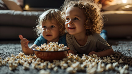 Young children are lying on their stomachs on a carpet, smiling and looking towards the camera, with a bowl of popcorn spilled in front of them.