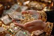 Close-up of hands greedily clutching a pile of cash, with gold and jewels in the background, embodying the concept of avarice