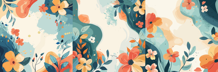 Poster - flora elements with empty space for text colorful abstract background. flowers plants stems petals b