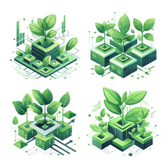 Canvas Print - Green technology isometric vector concepts. Rectangle geometric figures growing young plant, clean energy eco power foliage stems branches, illustrations isolated on white background