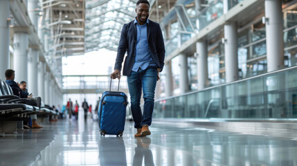 Wall Mural - Man is walking through an airport terminal with a blue suitcase, looking at his phone.