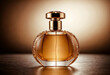 Frasco de perfume dorado, superficie de madera, luz solar, sombras, ambiente cálido
