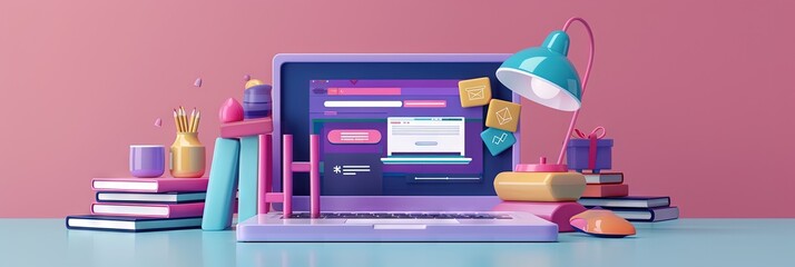 Laptop with website UX concept on monitor and books and lamps on desktop