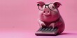 Piggy bank wearing glasses and using a calculator to perform financial accounting of personal finances