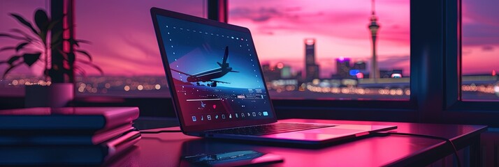 Travel website concept to book flights and vacation trips with laptop and airplane