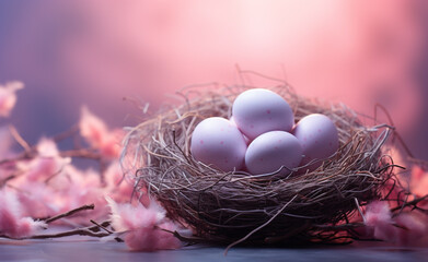 Wall Mural - nest, egg, birth, tender, pink pastel, background сreated with Generative Ai