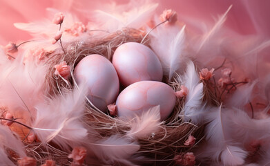 Wall Mural - nest, egg, birth, tender, pink pastel, background сreated with Generative Ai