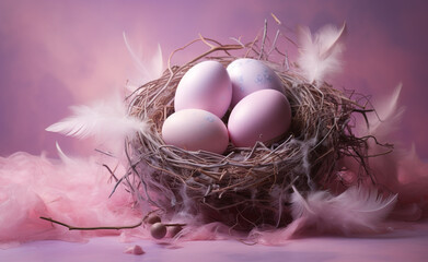 Wall Mural - nest, egg, birth, tender, pink pastel, background сreated with Generative Ai