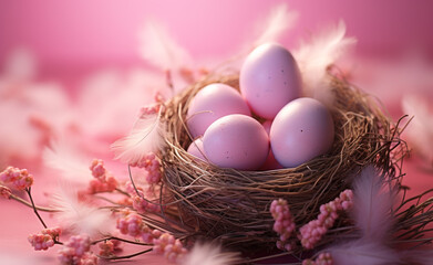 Canvas Print - nest, egg, birth, tender, pink pastel, background сreated with Generative Ai