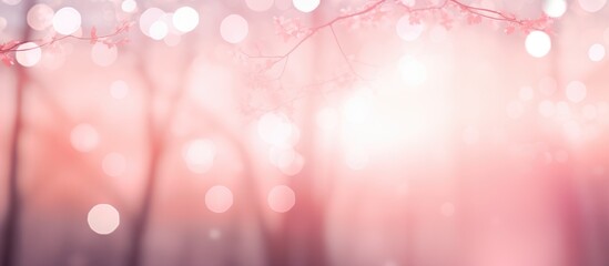 Poster - The sun casts tints and shades of magenta and peach through the eyelash pattern of cherry blossom tree branches in the woodsy forest, creating a beautiful art piece