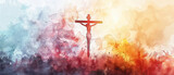 Fototapeta Miasta - Acuarela de la silueta de Jesucristo en la cruz, sobre fondo abstracto de colores rojo, amarillo, azul y blanco