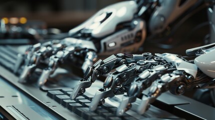 hands of a robot typing text on a keyboard