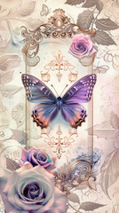 Wall Mural - Elegant beautiful antique writing card with flower and purple butterfly, Junk Journal Page, Decorative wallpaper Background Illustration