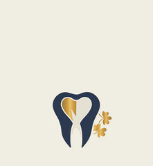 Dentistry Mockup St Patrick Holiday. Blue Healthy Tooth With Golden Shamrocks Plant Flower On Beige Background. Copy Space for Text. Fortune. Vertical Design. Minimal Ai Generated