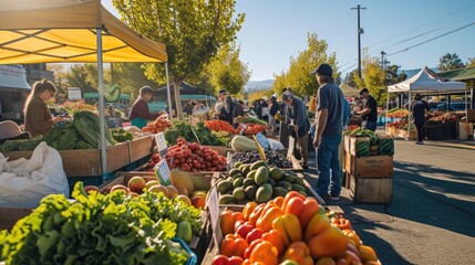 Wall Mural - An early morning farmers market scene, bustling with vendors and customers, fresh produce on display, capturing the essence of local commerce and community. Resplendent.