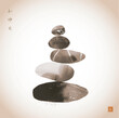 Minimalist Ink painting of stacked stones in a Zen-like balance. Traditional oriental ink painting sumi-e, u-sin, go-hua in vintage style. Hieroglyphs - harmony, spirit, perfection, eternity