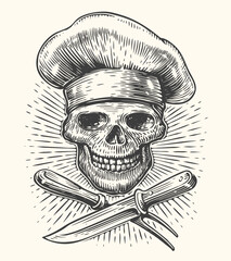 Wall Mural - Chef skull vector illustration. Grinning skull in chef hat with crossed barbecue tools