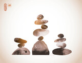 Fototapeta  - Minimalist Ink painting of stacked stones in a Zen-like balance. Traditional oriental ink painting sumi-e, u-sin, go-hua in vintage style. Hieroglyph - zen