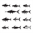A black silhouette fish bone line icon set
