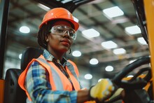 Forklift Operator Focusing On The Task In A Warehouse. African American Woman. International Labor Day, Workers Day, May Day. Design For Banner, Poster. 