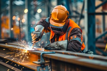 Worker welding metal at a construction site.  International Labor Day, Workers Day, May Day. Design for banner, poster. 