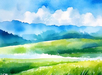 Poster - Abstract summer landscape vector watercolor background with blue sky, white clouds and green field. Watercolor illustration for interior, flyers, poster, cover, banner. Modern hand draw painting.