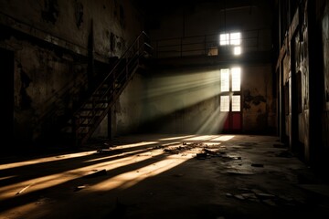 Wall Mural - Dramatic contrast of light and shadow in an abandoned building