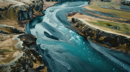 Poster - Aerial view of a river flowing through a scenic valley. Suitable for nature and landscape concepts.
