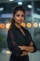 Poster - A woman standing in front of a window with her arms crossed. Suitable for lifestyle and interior design concepts.