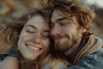 Poster - A man and a woman hugging closely. Perfect for relationship and love concepts.