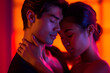 Intimate Couple Embracing Under Neon Lights, Soft Focus, Romantic Mood