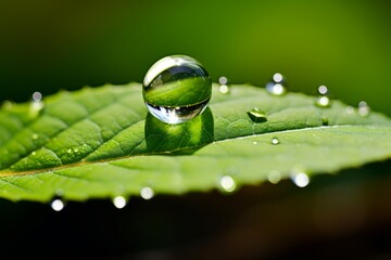 Canvas Print - Close-up of a water droplet on a leaf, reflecting the surroundings