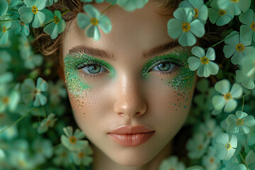 Lively scene featuring a girl with vivid green makeup amidst a sea of clovers on sent Patrick s day. Depict the vibrant celebration and joy of the festive occasion