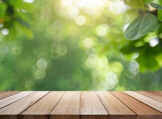 Poster - Wood table top on bokeh Green background